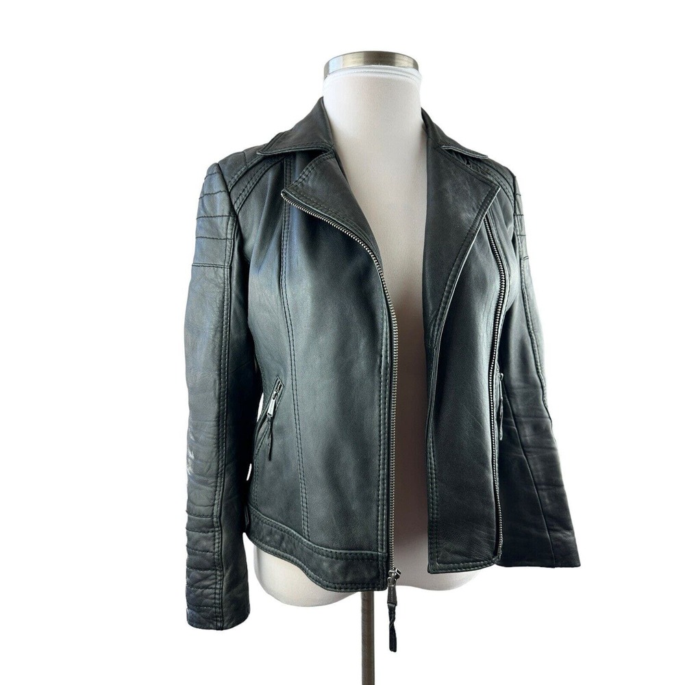 Michael Michael Kors Motorcycle Leather Jacket Distress Black Zip Moto Womens M - Picture 3 of 16